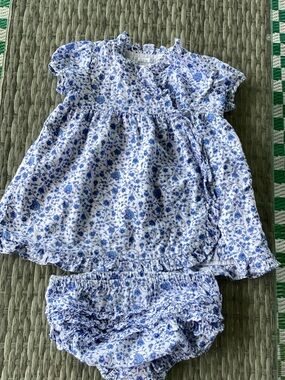 Ralph Lauren Blue and White Floral Dress With Ruffled Bloomers 9 Months
